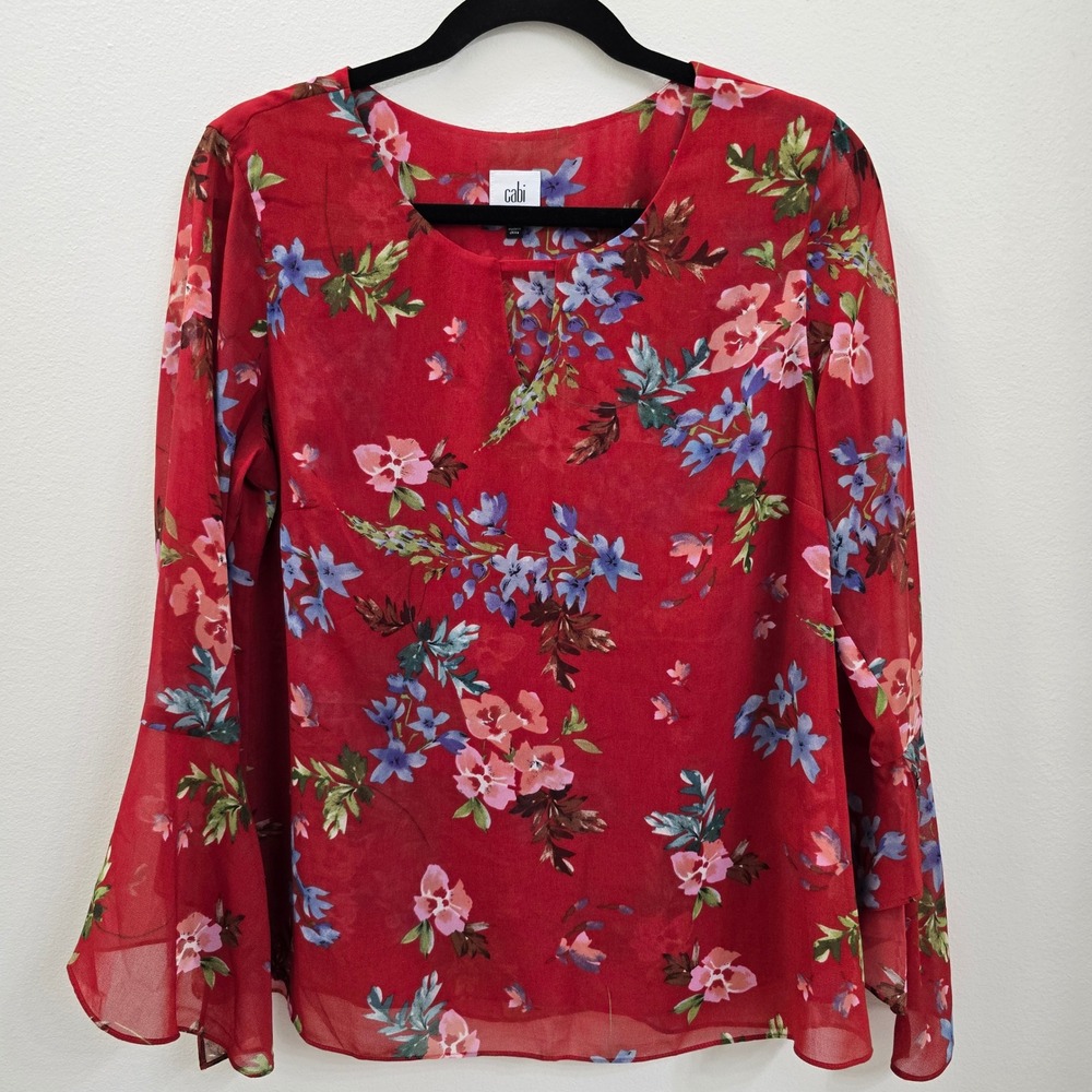 Cabi Bell Sleeve Floral Blouse Red Chiffon Keyhole Neck Top 3590 Womens Small